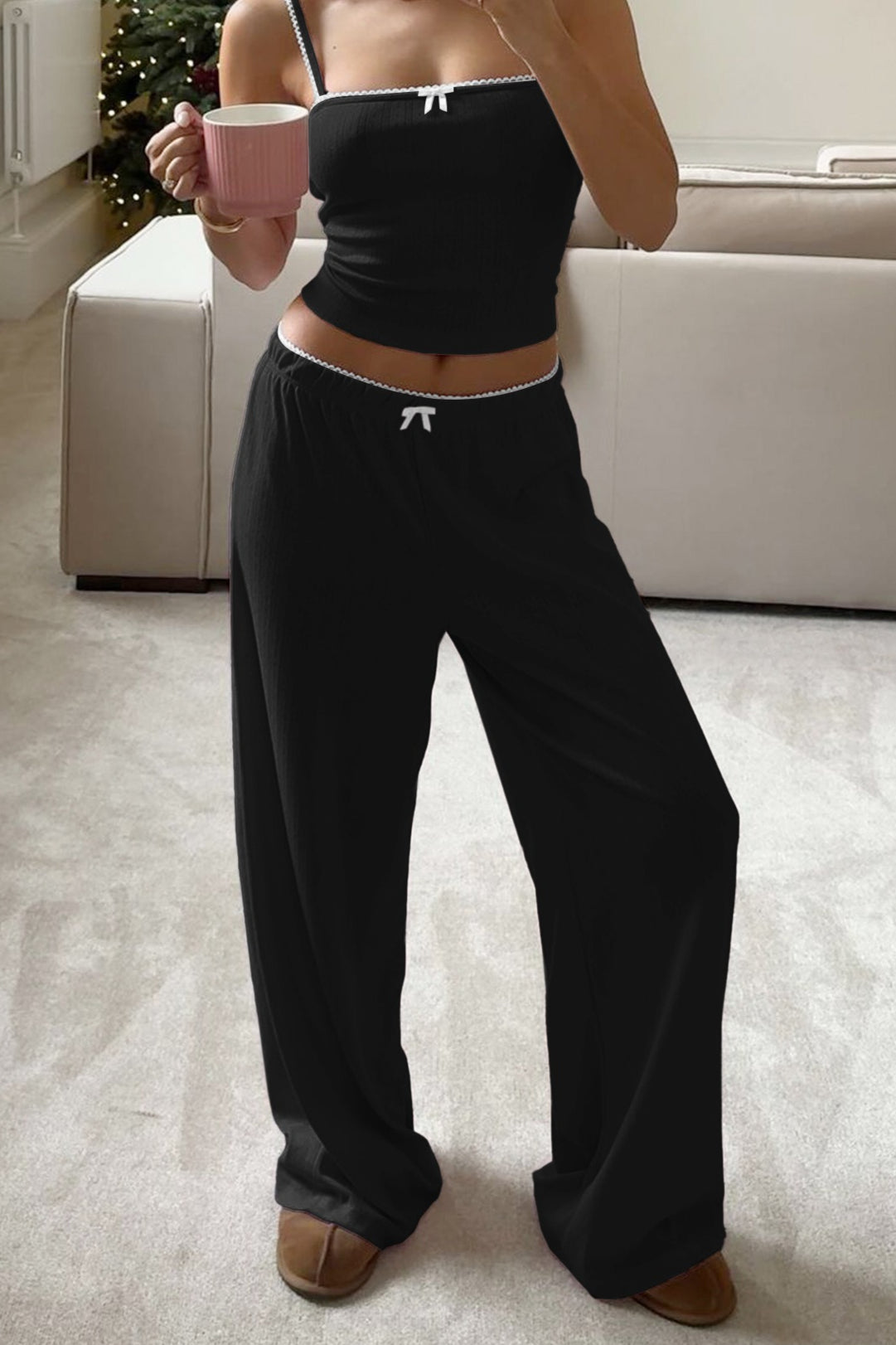 Ribbed Tank Top High Waist Straight Leg Pants Set