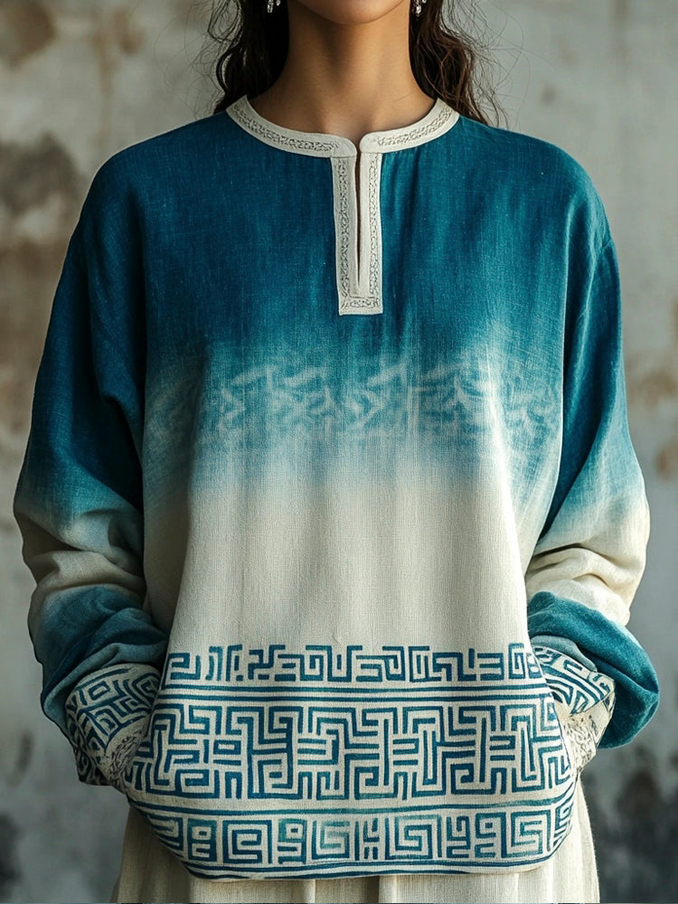 Greek Key Pattern Tie-dye Women's Linen Shirt elevenforest