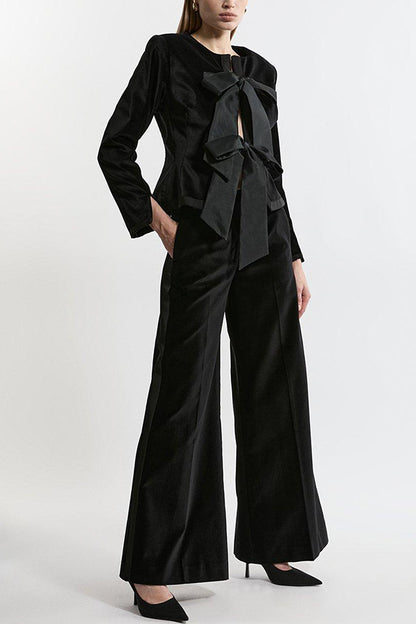 Cue the Cocktails Velvet Grosgrain Detail Pocketed Wide Leg Pants