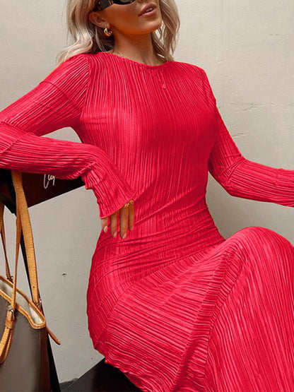 Long Sleeves Skinny Pleated Color Split-joint Round-neck Maxi Dresses