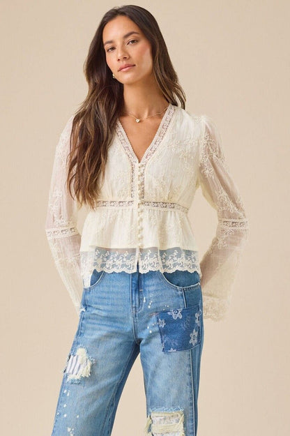 Lace Hollow Out Long Sleeve Blouse