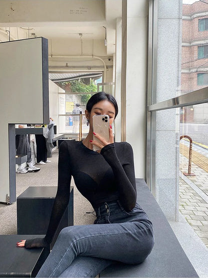 Basic Cotton Summer T Shirt Long Sleeves Tee Shirt High Elasticity Breathable Thin T-shirt See Through Female Top