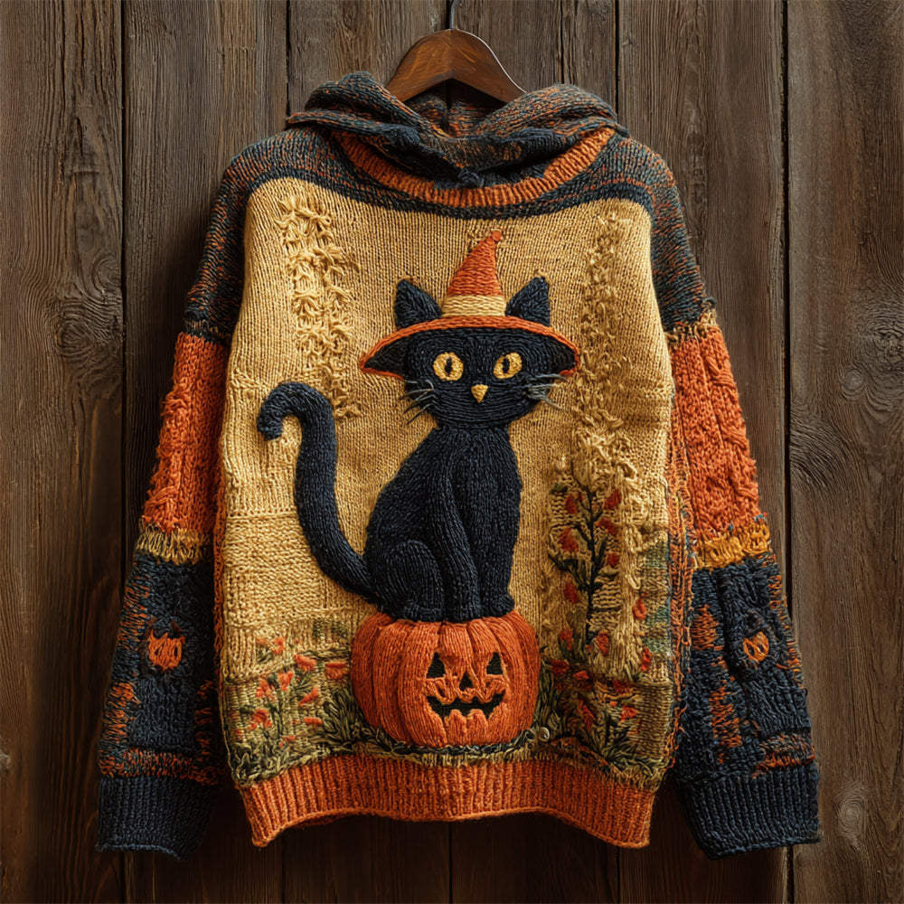 Halloween Black Cat With Hat & Pumpkin Art Women's Knit Hooded Sweater elevenforest