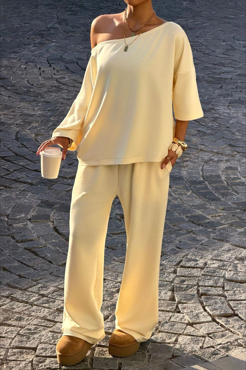 One Shoulder Crop Top Wide Leg Pants Set