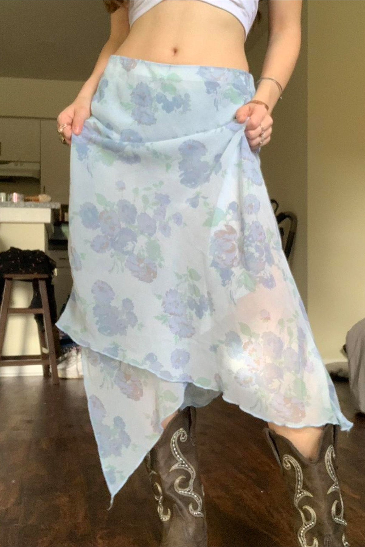 Ruffle Asymmetric Sheer Mesh Vacation Maxi Skirt