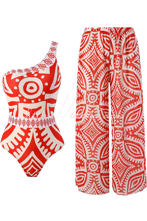 Unique Printed Swimsuit and Elastic Waist Pants