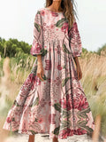Women's Folk Floral Print Flowy Cotton Crew Neck Dress