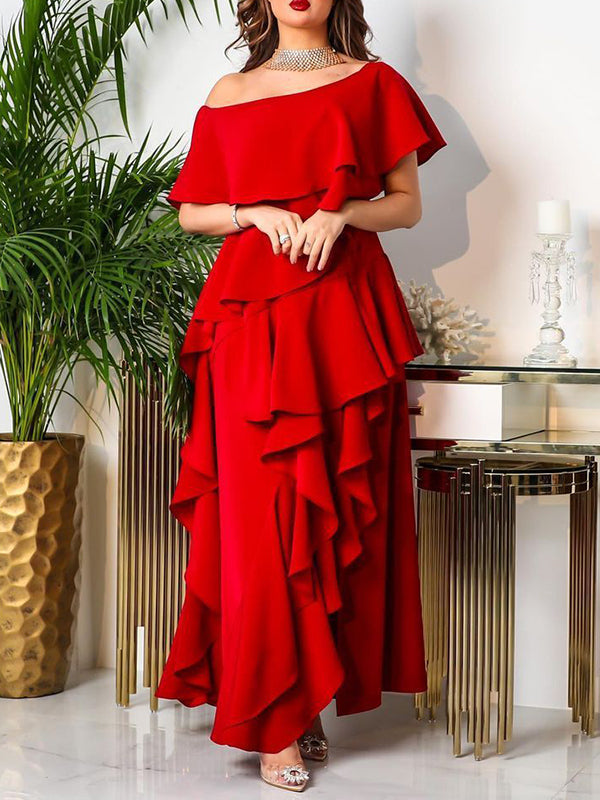 Layered Ruffled Color Split-front One-shoulder Maxi Dresses