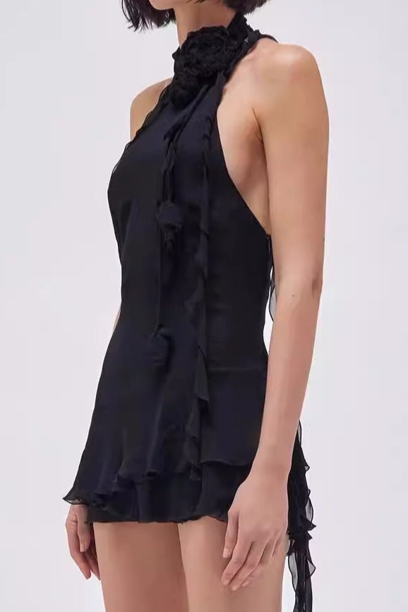 Asymmetric Rose Halter Mini Dress