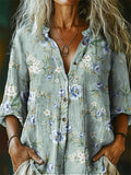 Floral Pattern Art Print Cotton Linen Casual Women's Shirt