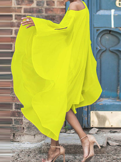 Batwing Sleeves Asymmetric Color Cold Shoulder Midi Dresses
