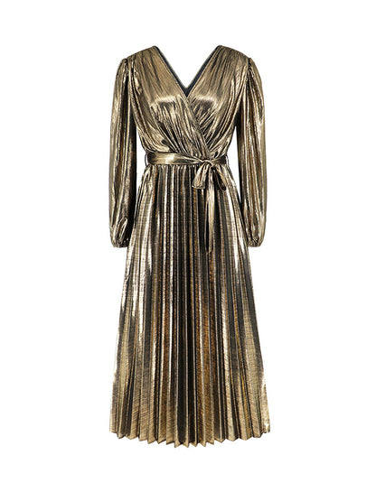 High Waisted Long Sleeves Bronzing Elasticity Pleated Color Tied Waist Deep V-neck Maxi Dresses