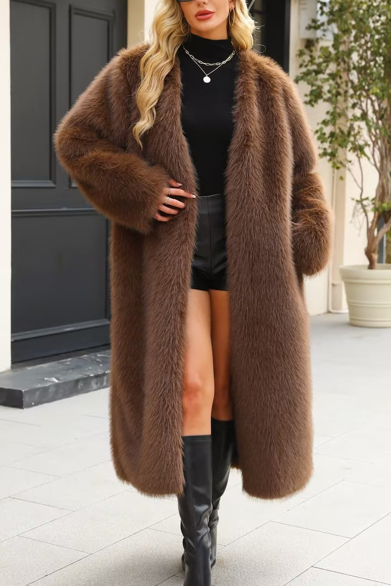 Plush Faux Fur V-neck Long Overcoat