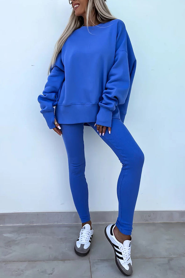 Color Loose Long Sleeve Slitsweatshirt and Elastic Waist Tight Pants Set