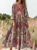 Women's Vintage Bohemian Ethnic Floral Art Print Crew Neck Pocket Cott