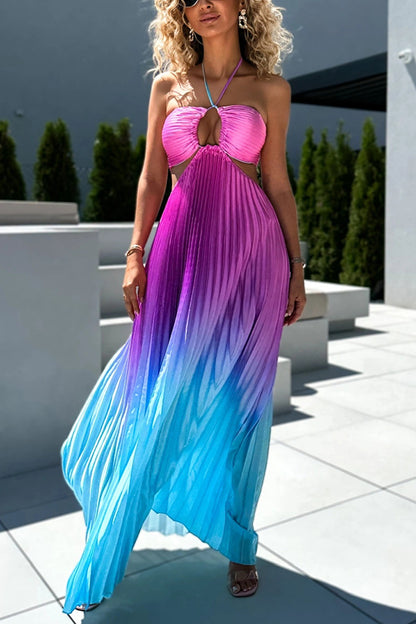 Get Ready Gradient Print Cutout Halterneck Pleated Maxi Dress