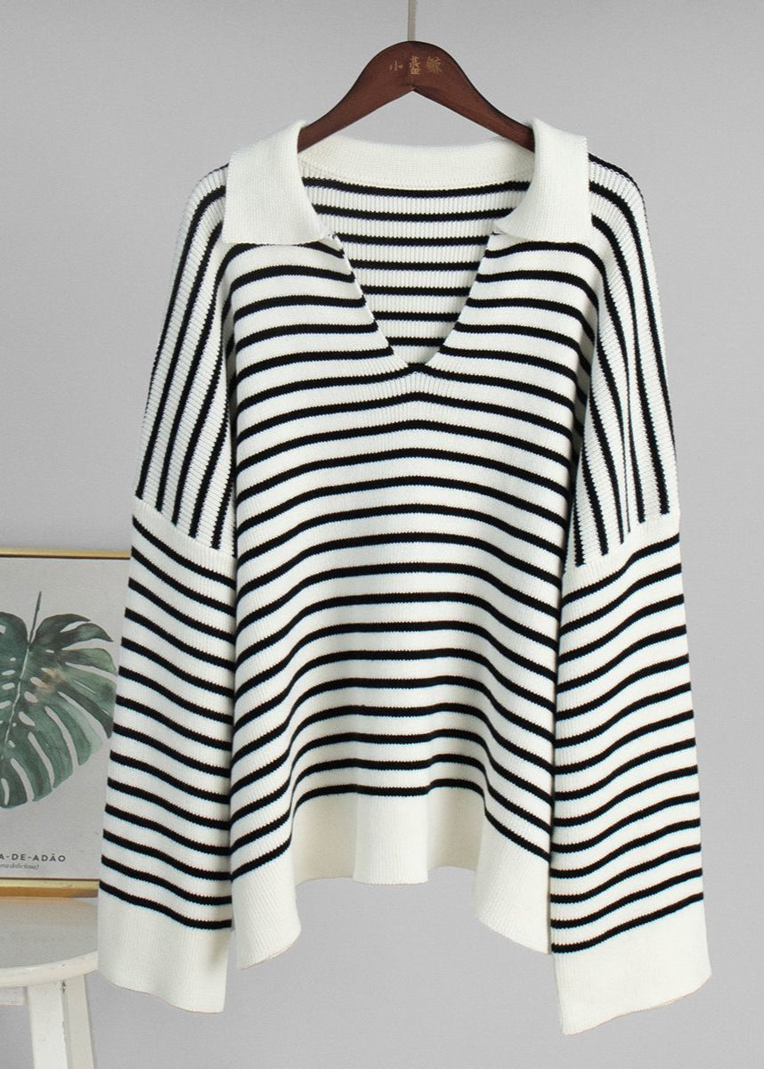 Mariner – Striped V-neck Knit Sweater With Wide Sleeves