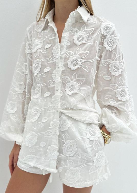 Breeze - Sheer Embroidered Shirt & High-waist Shorts Set