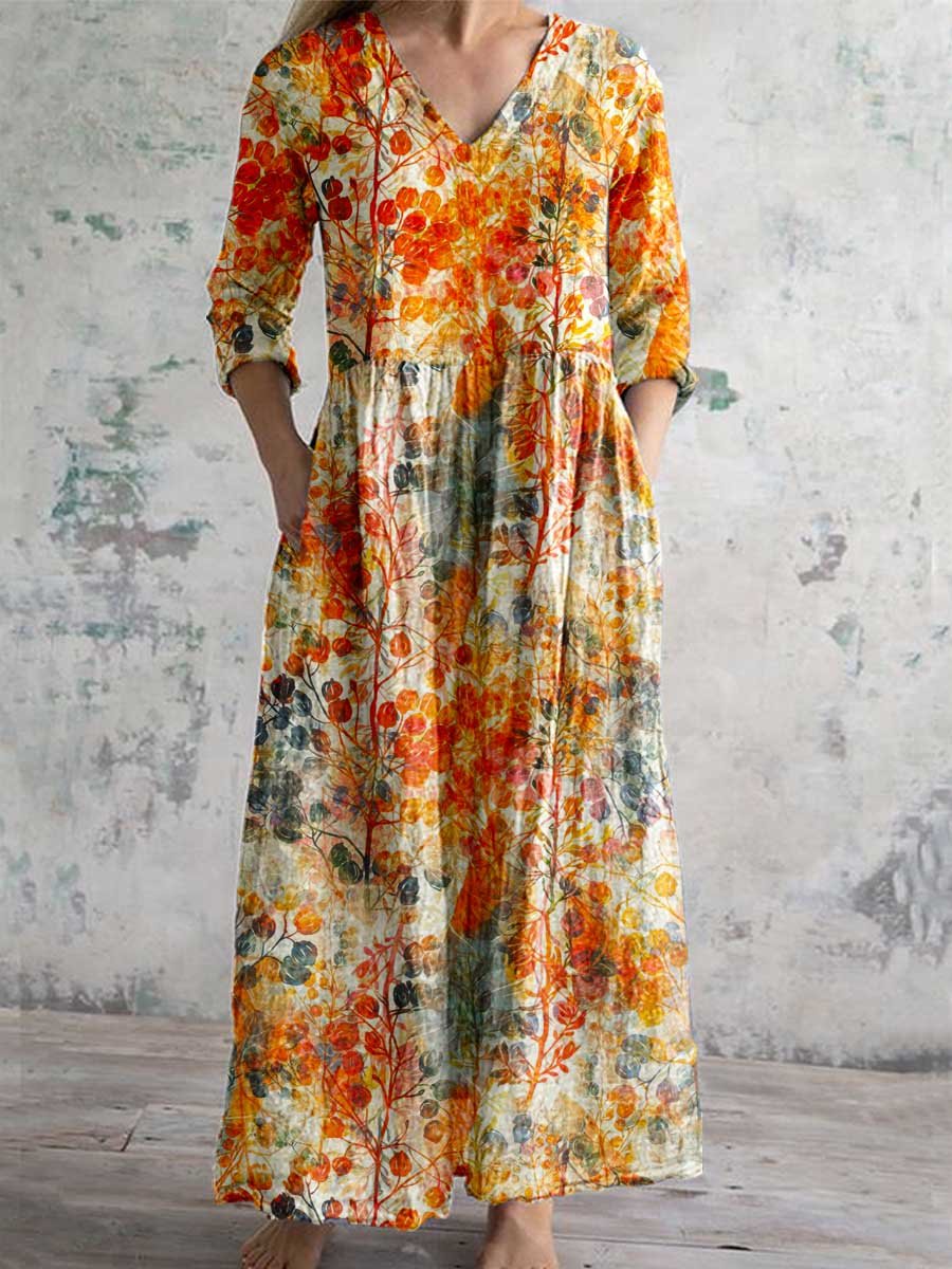 Women's Elegant Floral Pattern V-Neck Cotton Dress