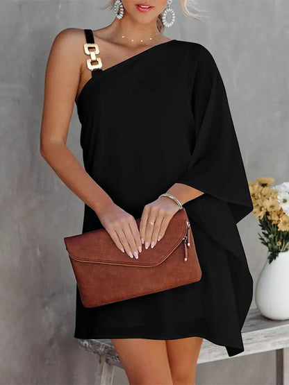 Batwing Sleeves Hollow Printed One-shoulder Mini Dresses