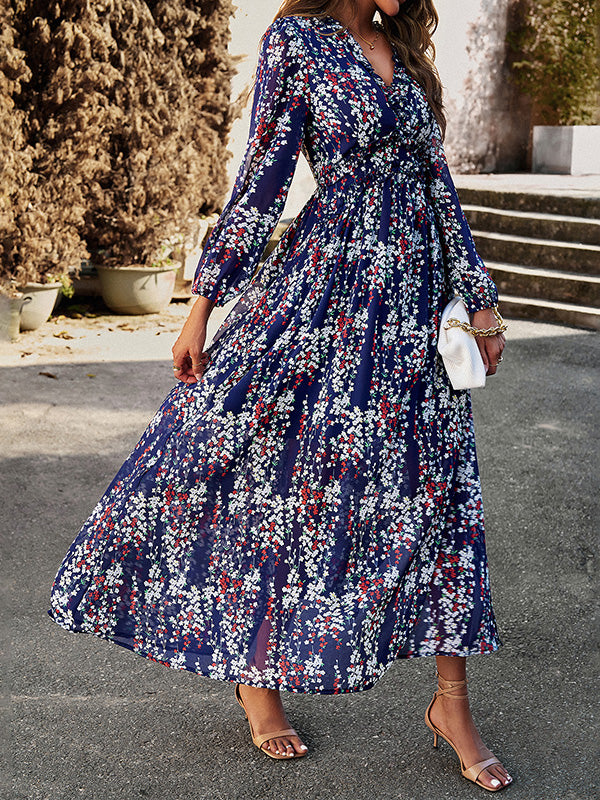 A-line High Waisted Flower Print Ruffled Split-joint Deep V-neck Maxi Dresses