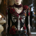 Women's Skeleton Bones Roses Art V Neck Knit Warm Sweater artswardrobe