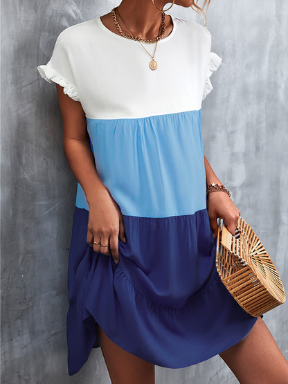 Loose Ruffle Sleeves Contrast Color Falbala Pleated Split-joint Round-neck Mini Dresses