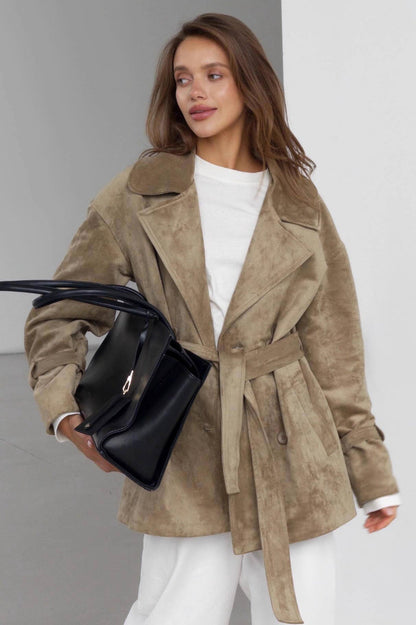 Suede Lapel Tie Waist Jacket Coat