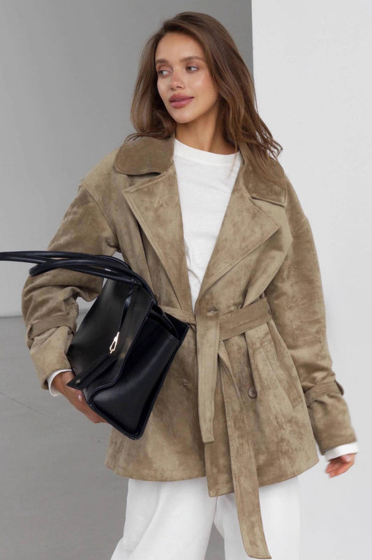 Suede Lapel Tie Waist Jacket Coat