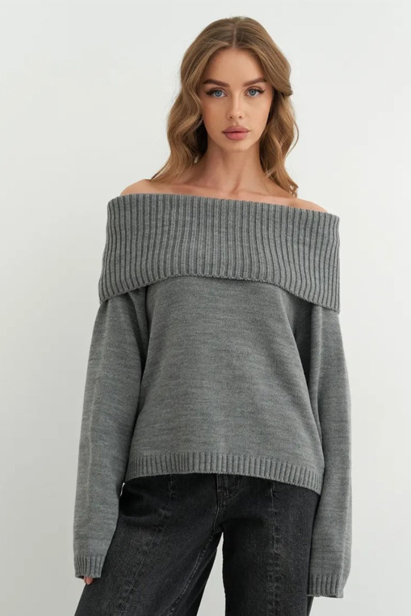 Color Off Shoulder Knitted Sweater