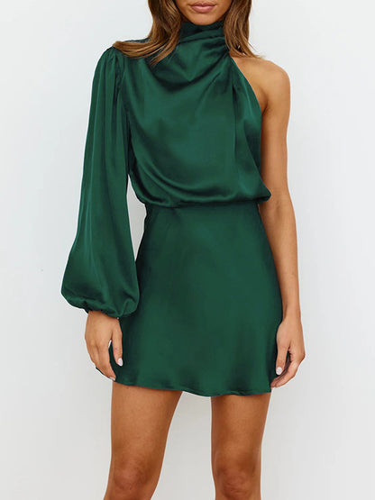 High Waisted Long Sleeves Asymmetric Elasticity Color High Neck Mini Dresses