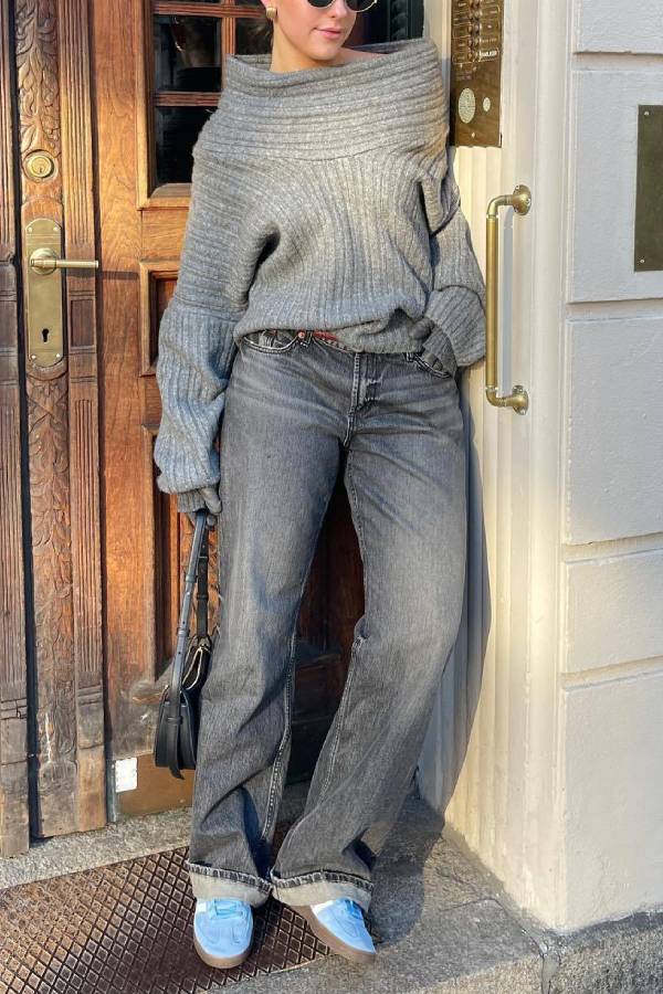 Fashionable Irregular Collar Loose Knitted Sweater