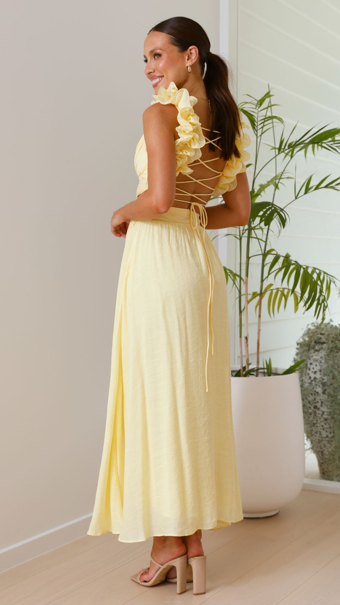 Yellow Ruffle Strap V-neck Maxi Dress