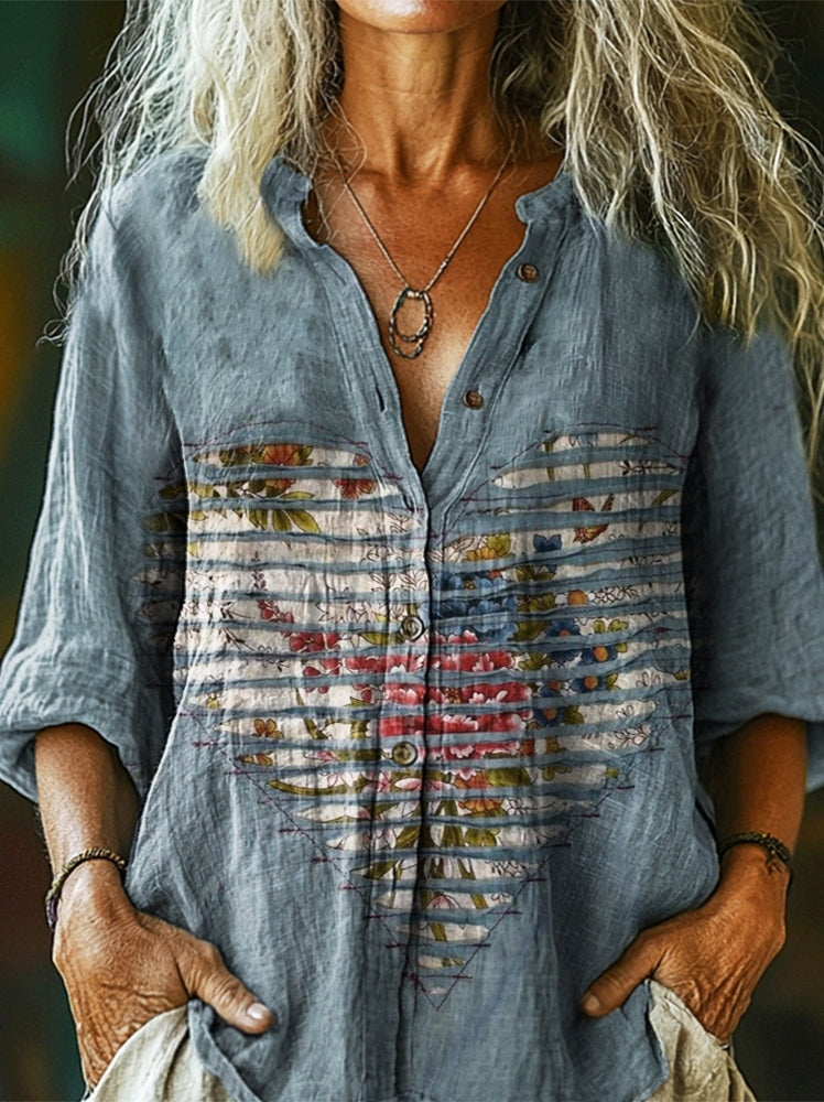 Women's Vintage Heart Floral Art Print Casual Cotton and Linen Shirt