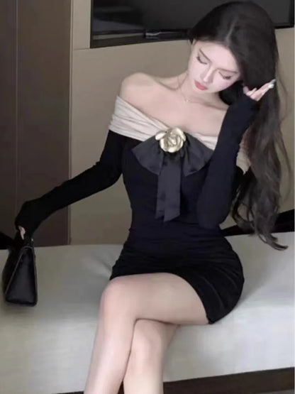 Patchwork Mini Dress Long Sleeves Slash Neck Bodycon Autumn Spring Evening Party Slim Warpped Hip Slim Vestidos Mujer