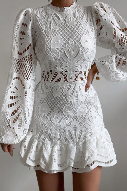 Color Hollow Long-sleeved Waisted Lace Mini Dress