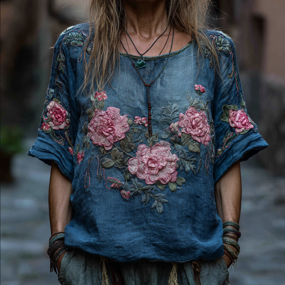 Women's Pink Flower Blue Tie-dye Short-sleeved Shirt elevenforest