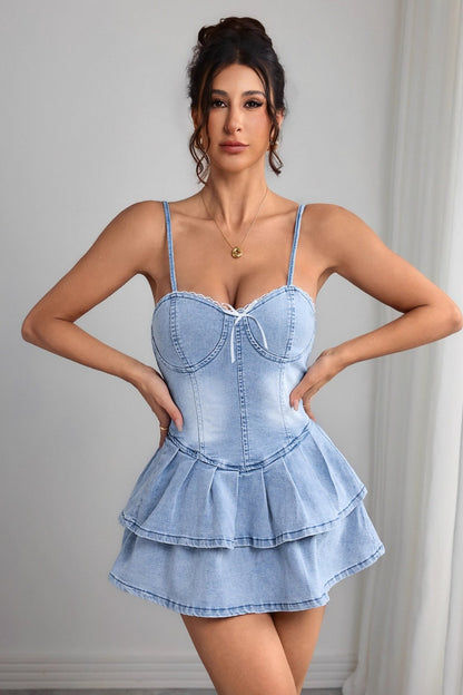 Denim Halter Tiered Ruffle Mini Dress