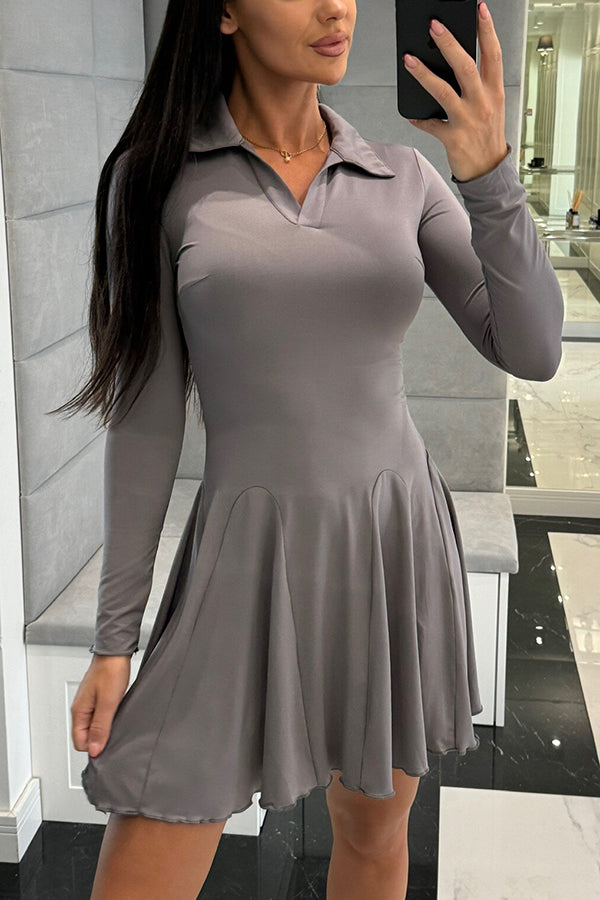 Color Lapel Long Sleeve Slim Fit Waist Mini Dress