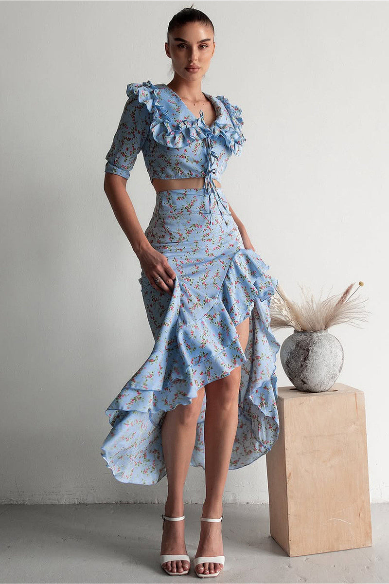Light Blue Ruffled Split Midi Skirt Two Piece Set