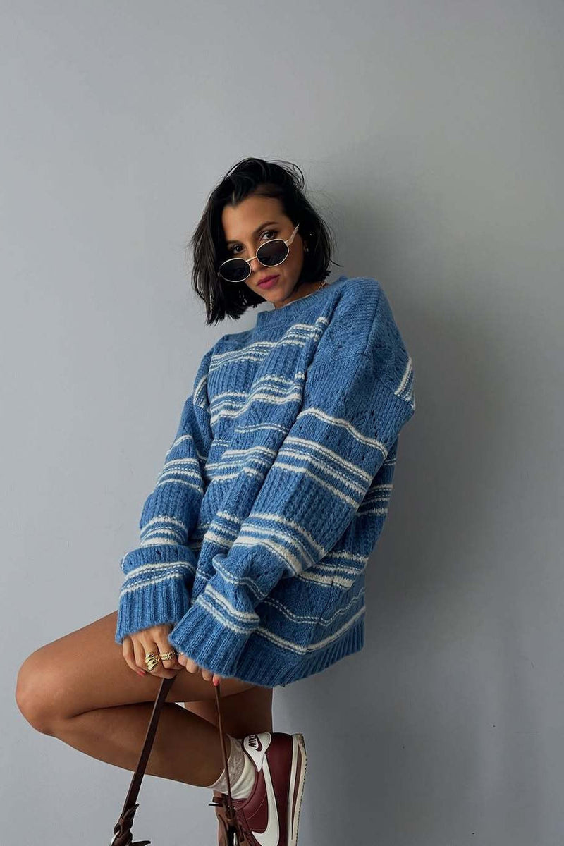 Thick Striped Knit Crew Neck Sweater
