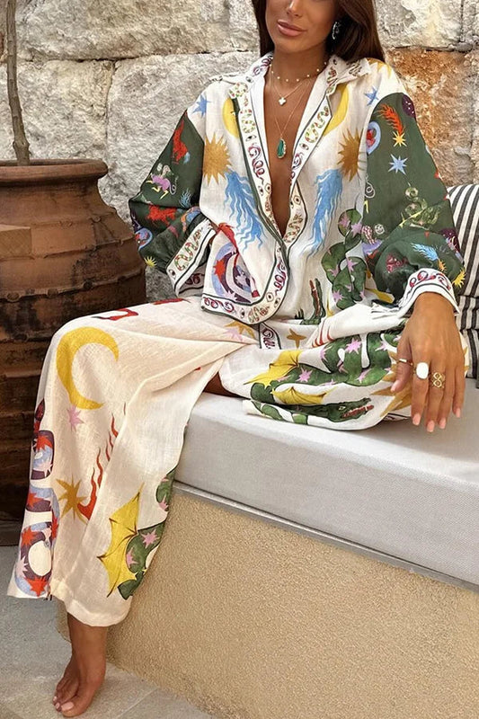Beauty Unique Print Long Sleeve Loose Shirt and Elastic Waist Pants Set