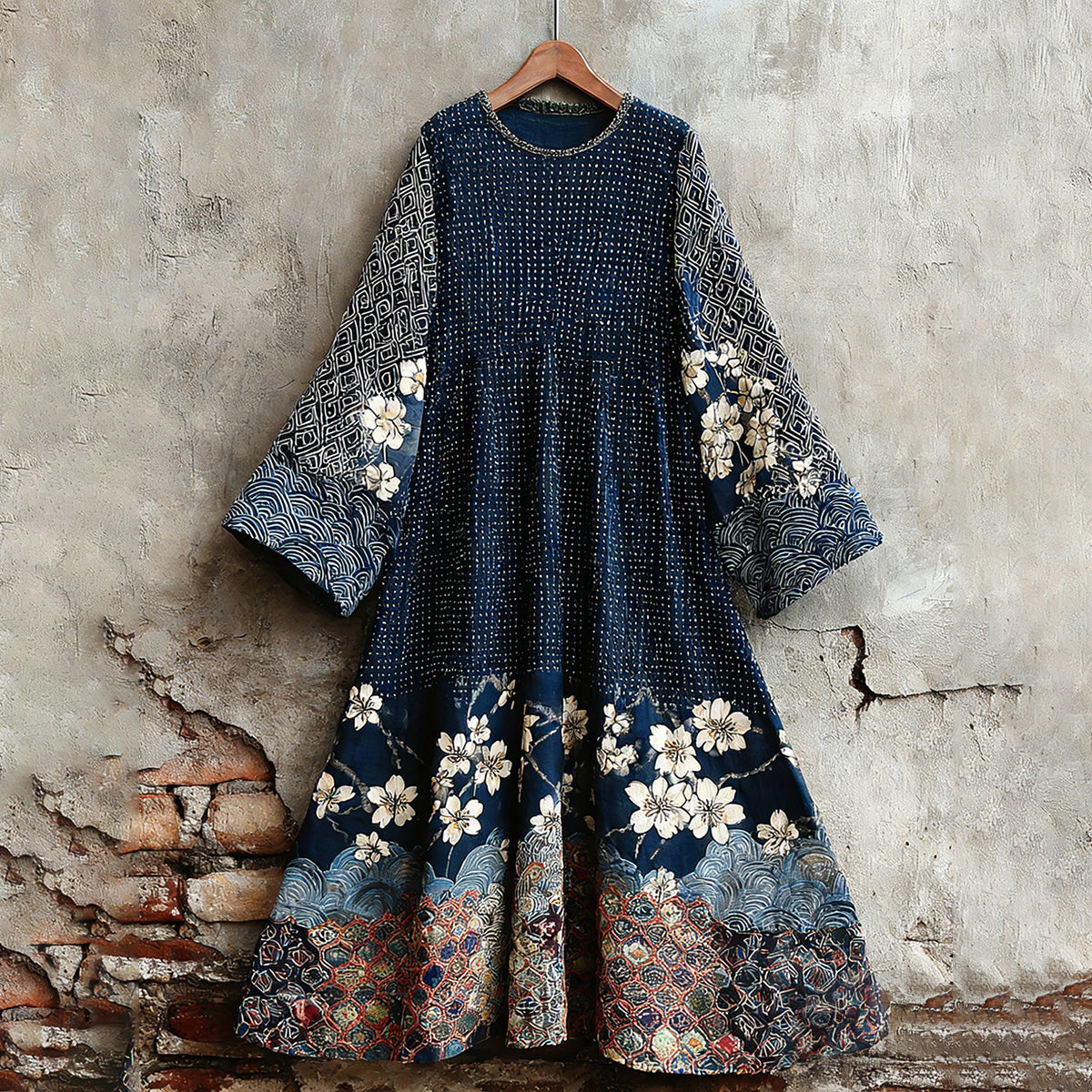 Women's Traditional Japanese Sashiko Art Round Neck Dress elevenforest