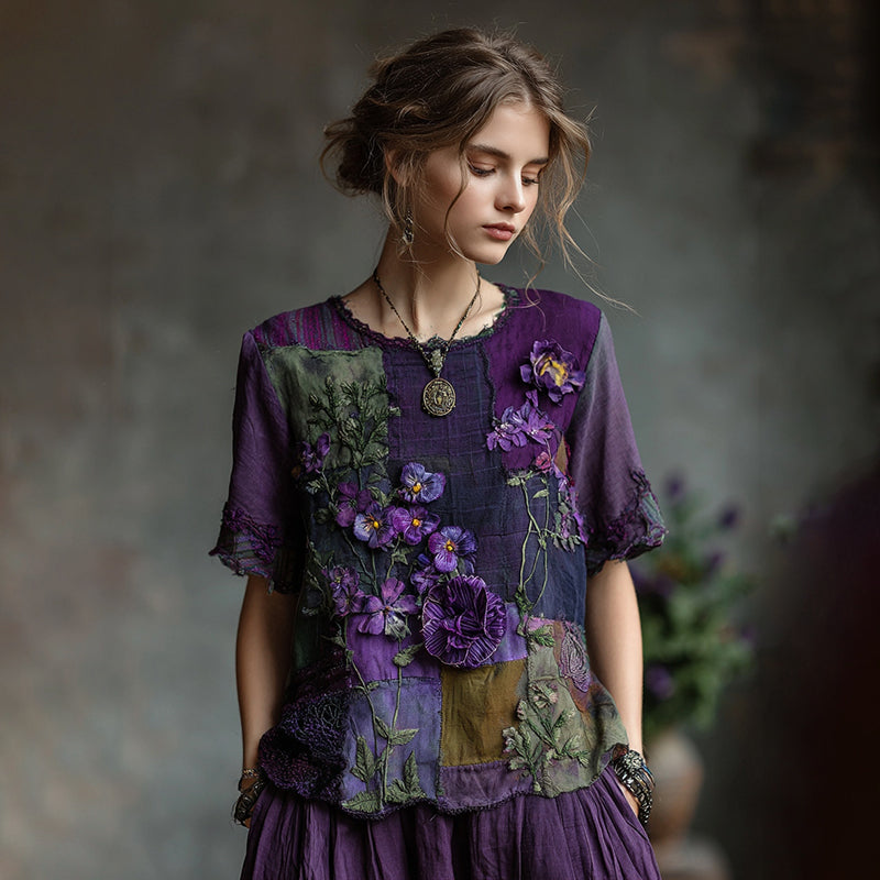 Women's Embroidered Pansy Floral Patchwork Check Short Sleeve T-shirt elevenforest
