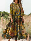 Women's Vintage Ethnic Floral Print Flowy Round Neck Pocket Cotton Dre