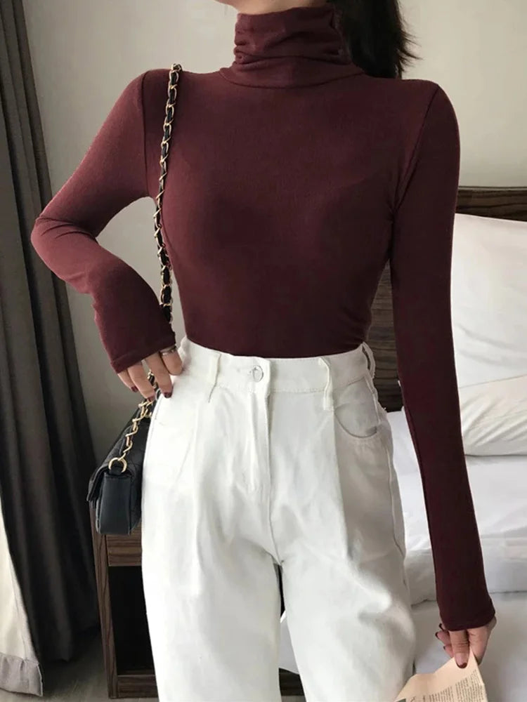 Harajuku Black White Turtleneck Female T-shirts Autumn Long Sleeve T Shirt Slim Basic Tee Top