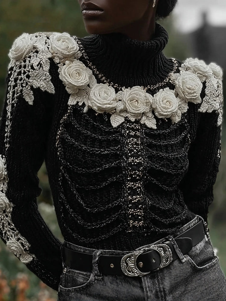 Comstylish Classy Skeleton Roses Embroidered Cozy Turtleneck Sweater