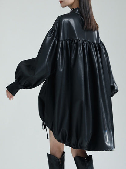 High-low Long Sleeves Drawstring Pleated Color Stand Collar Mini Dresses