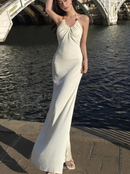 New Chinese Style Knitting Halter Long Dresses for Backless High Split Lace-up Summer Party Dress Prom Robe Vestidos