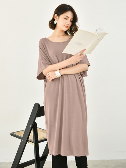 Batwing Half Sleeves Color Round-neck Midi Dresses